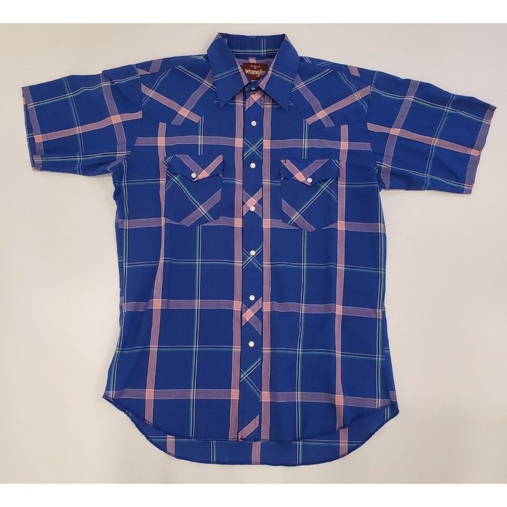 Wrangler Button Up Shirt Men's Medium Pearl Snap Western Rodeo Cowboy Blue